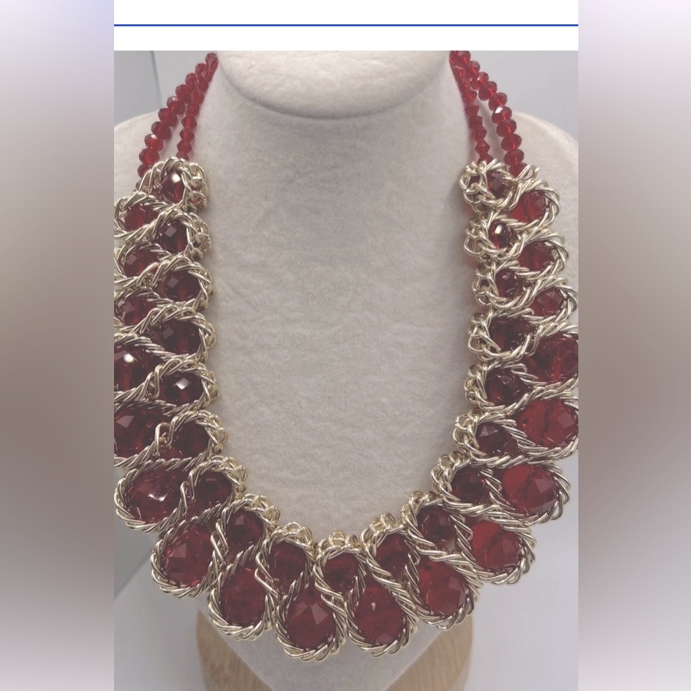 Vintage Red Faceted Bead & Goldtone Chain Link  Bib Necklace Statement Runway